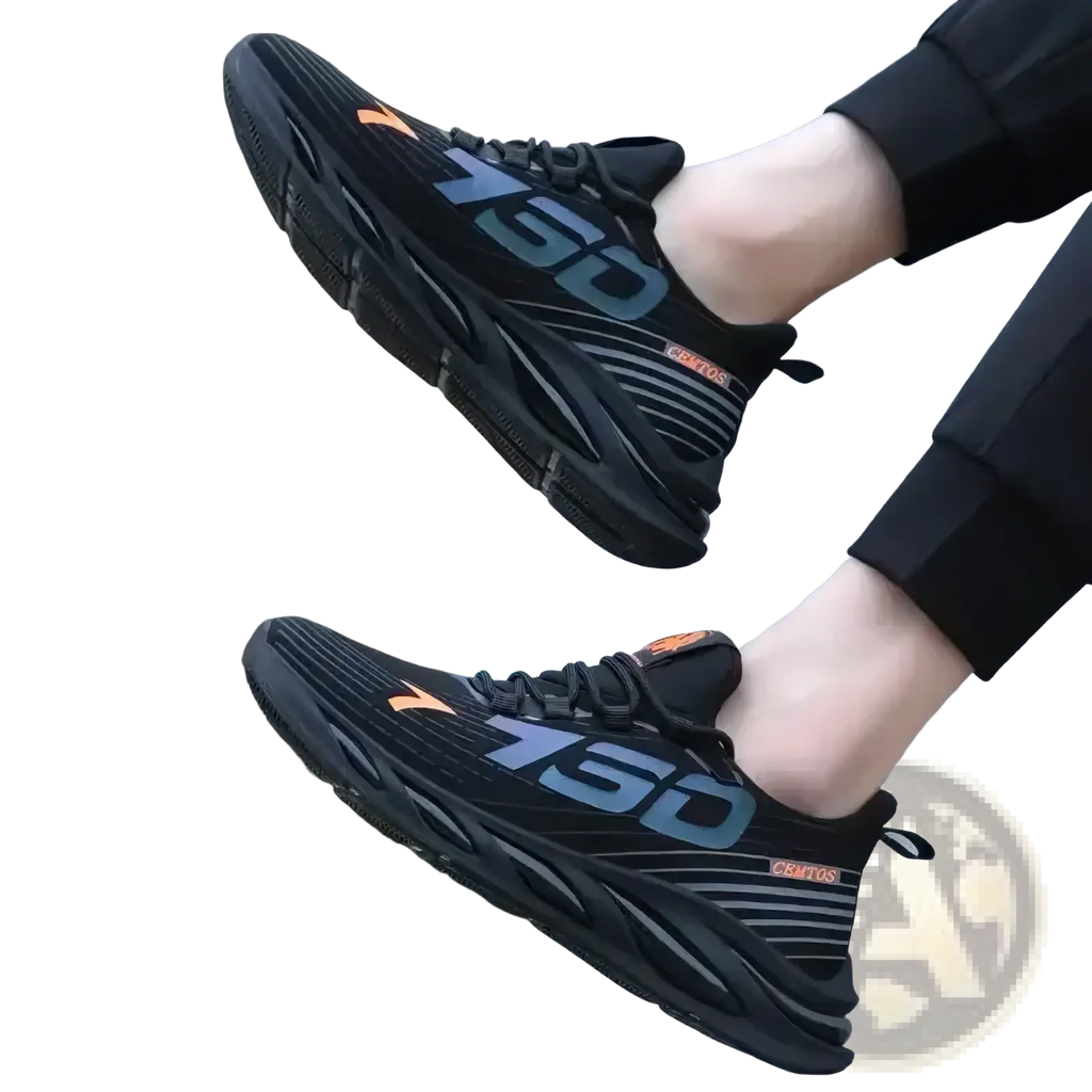 Men casual slip on sneakers with breathable black mesh upper chunky rubber sole and bold blue 150 branding with orange accents