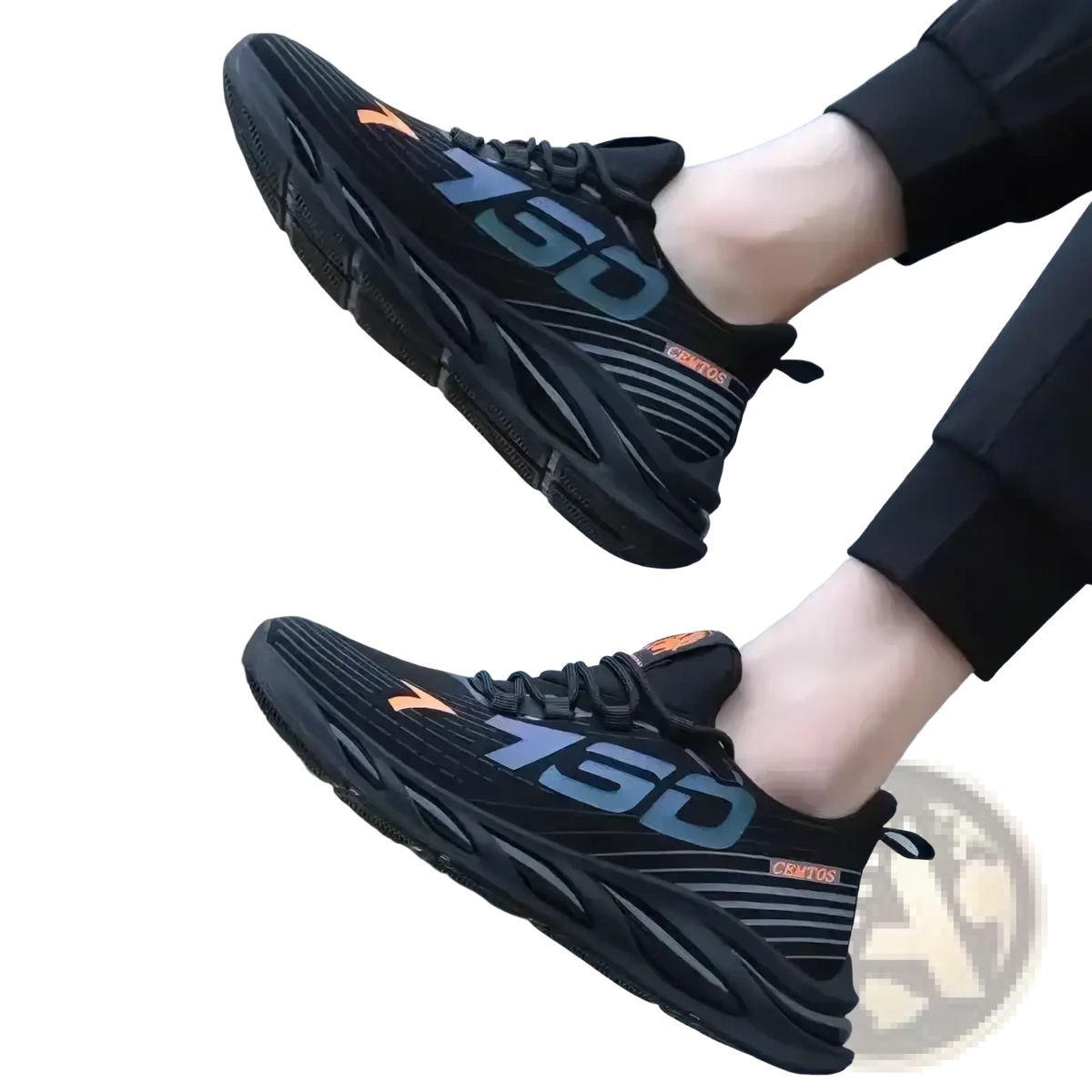 Men casual slip on sneakers with breathable black mesh upper chunky rubber sole and bold blue 150 branding with orange accents