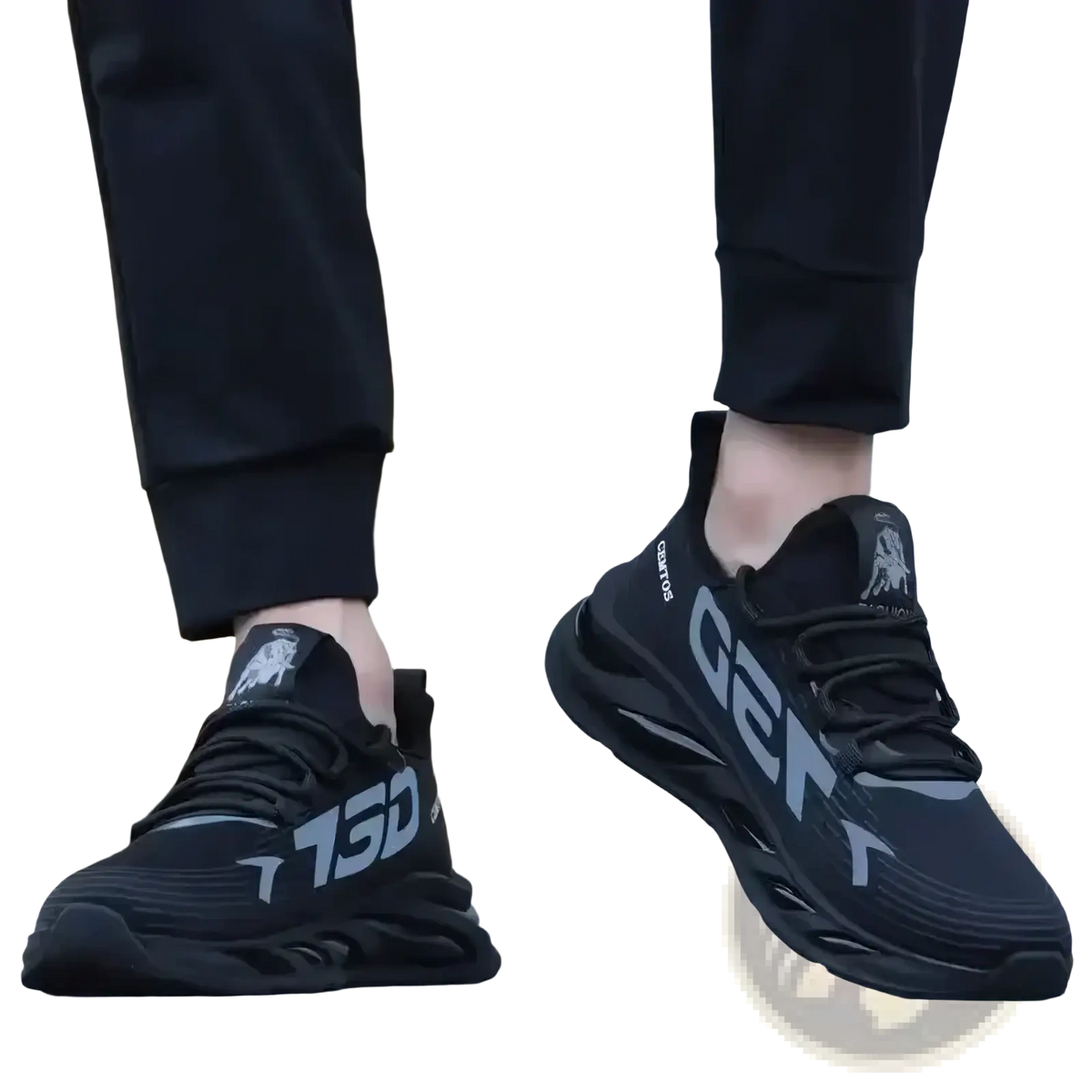 Men casual slip on black athletic sneakers with bold gray t750 branding and textured cushioned sole for running