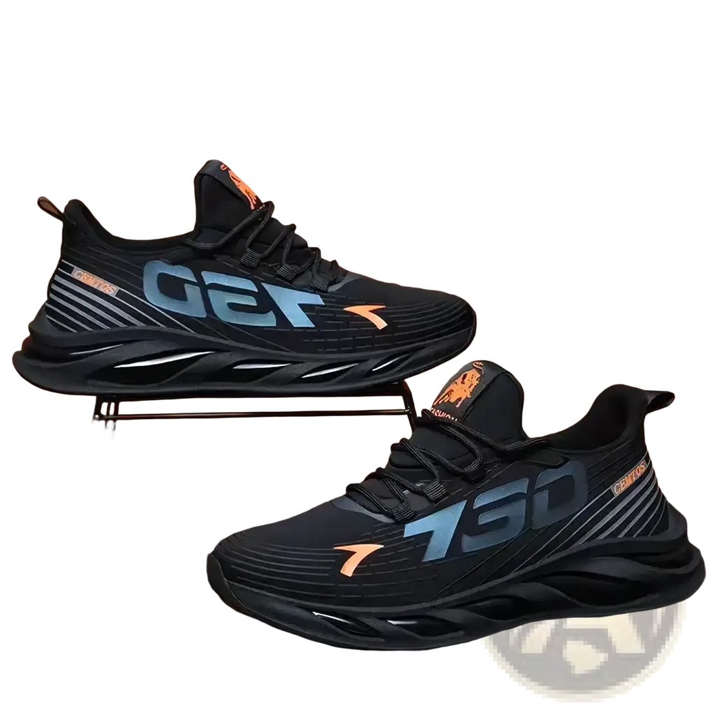 Men casual slip on sneakers with breathable mesh upper black with bold 730 gradient blue orange branding and rubber sole