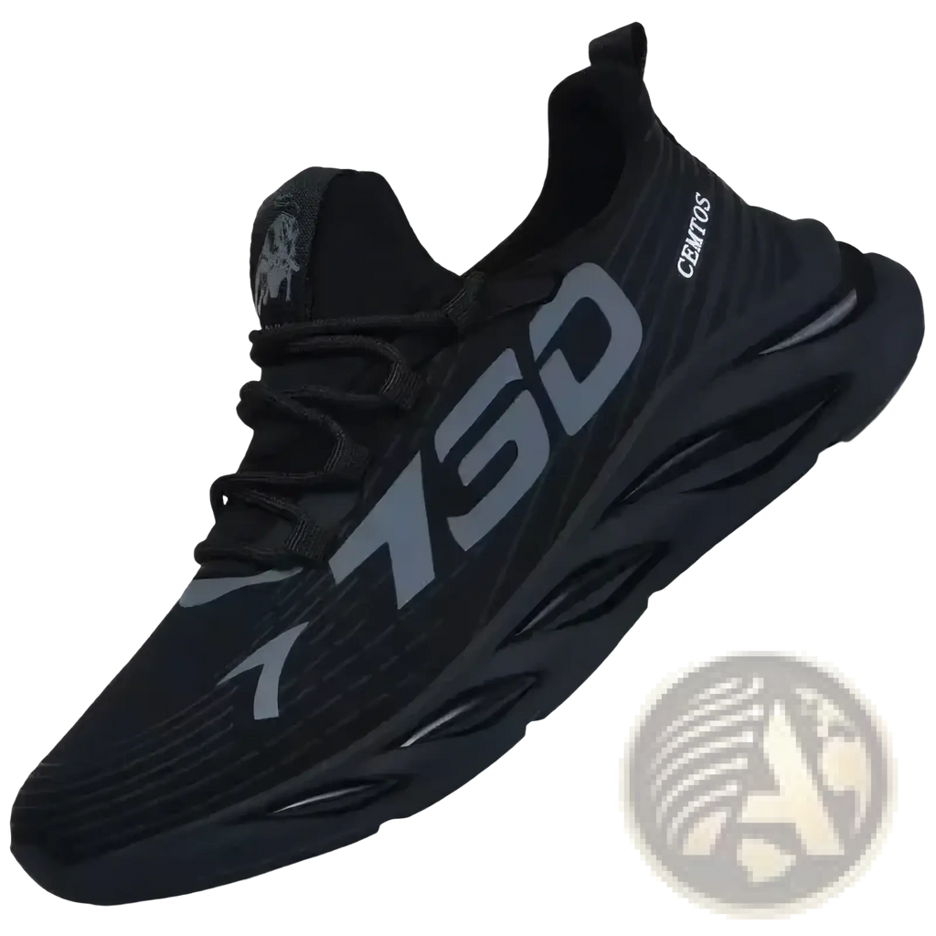 Men casual slip on sneakers breathable running shoes in black with gray 750 branding and textured mesh upper
