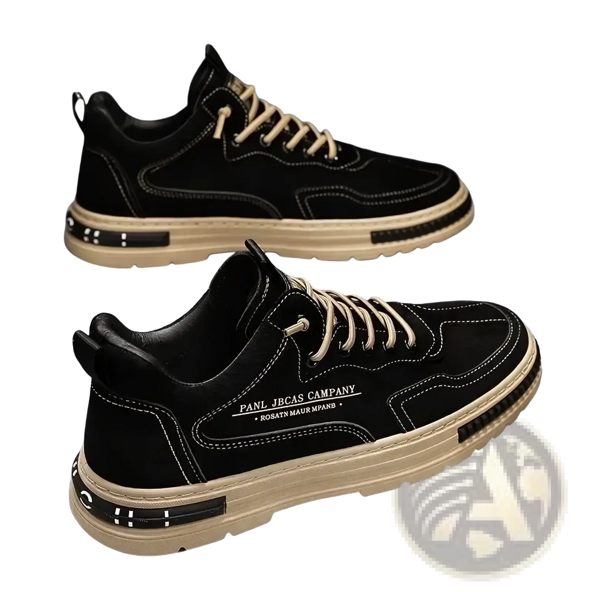 Men casual sneakers breathable platform shoes in black suede with beige laces white stitching and side logo detail