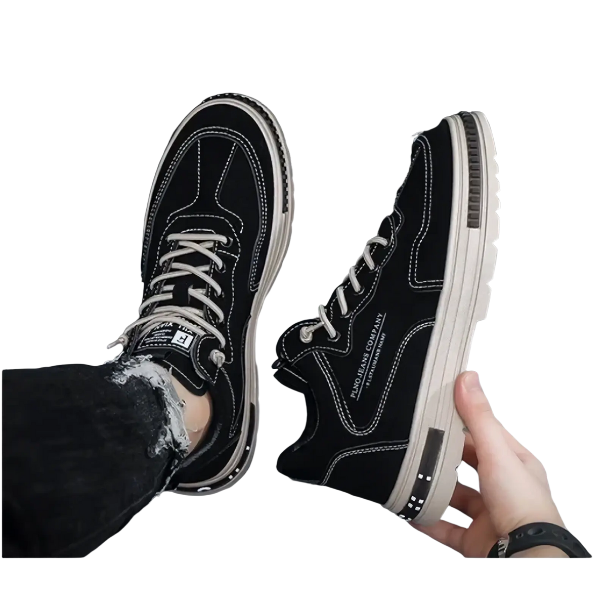 Men casual breathable black high-top sneakers with white laces, contrasting stitching, and chunky off-white platform sole
