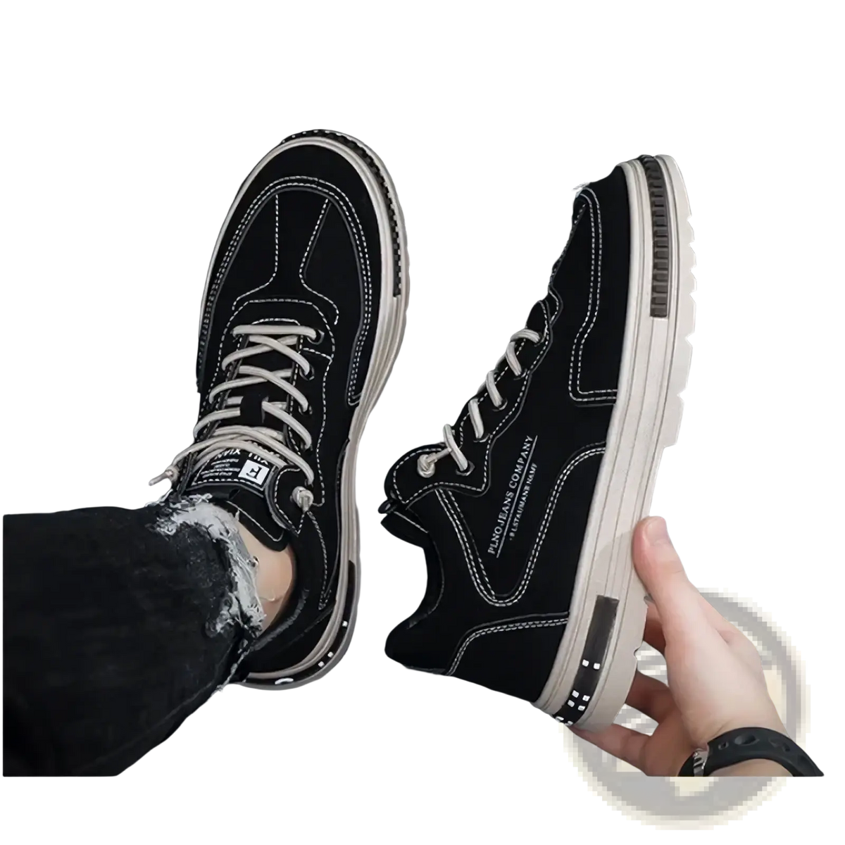 Men casual breathable black high-top sneakers with white laces, contrasting stitching, and chunky off-white platform sole