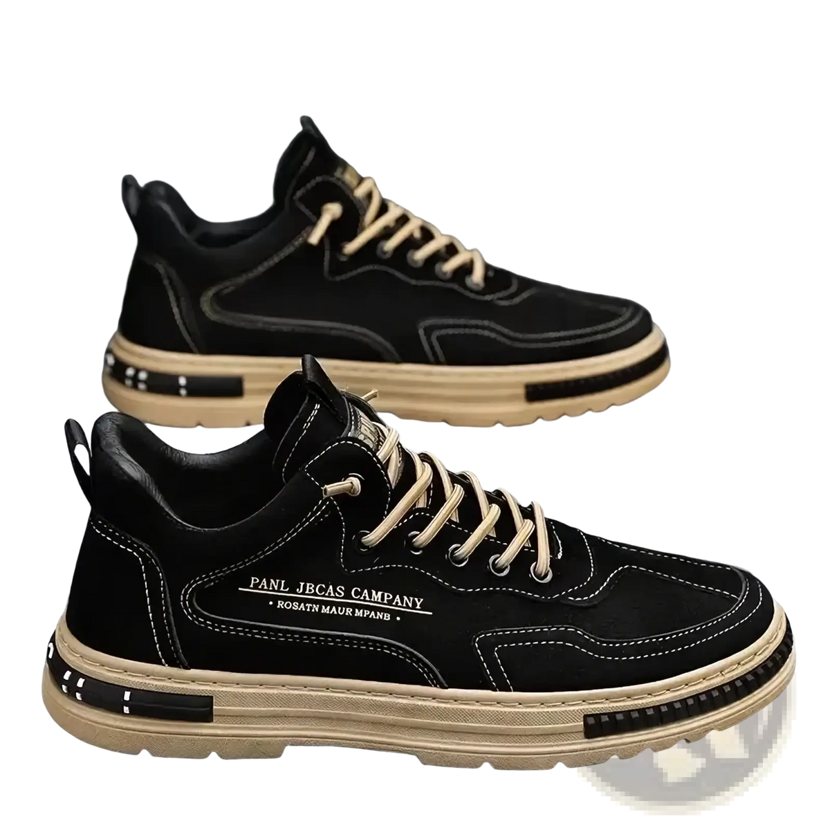 Men casual sneakers breathable platform shoes black suede high top with beige laces and tan sole viewed from back