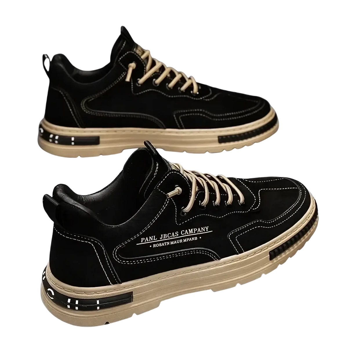 Men casual sneakers breathable platform shoes in black suede with beige laces white stitching and side logo detail