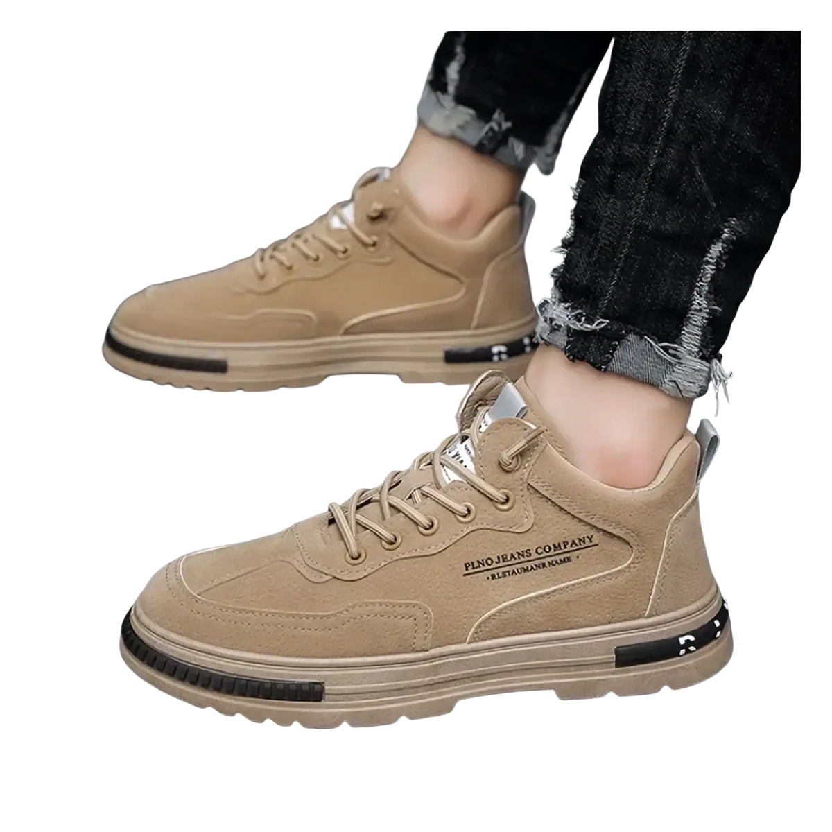 Tan suede men casual high-top sneakers with breathable platform soles and pindo jeans company logo on the side