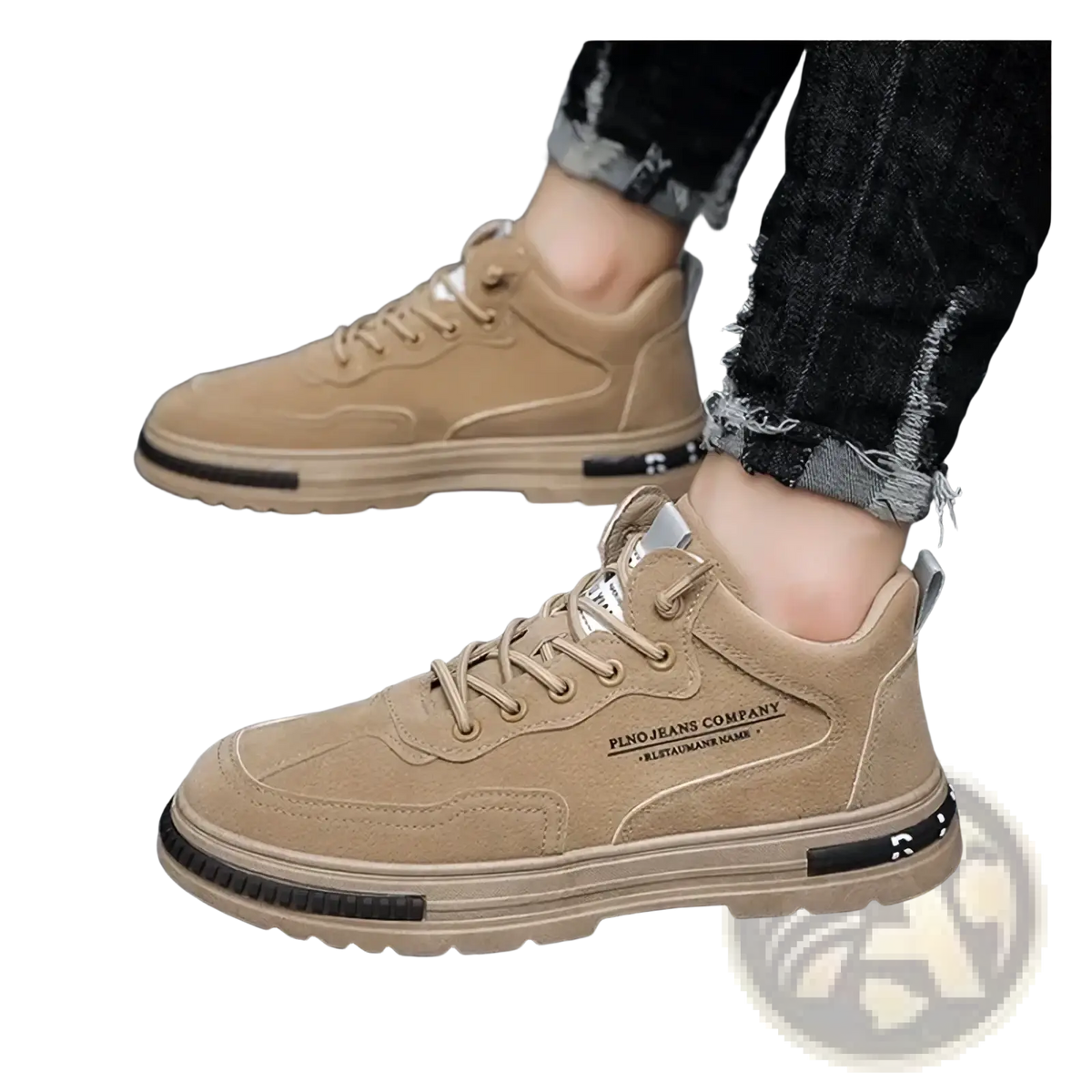 Tan suede men casual high-top sneakers with breathable platform soles and pindo jeans company logo on the side