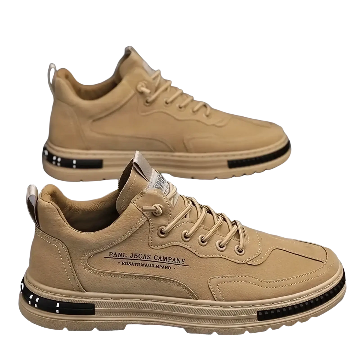 Men casual sneakers breathable platform shoes in tan suede with black rubber soles and subtle side logo