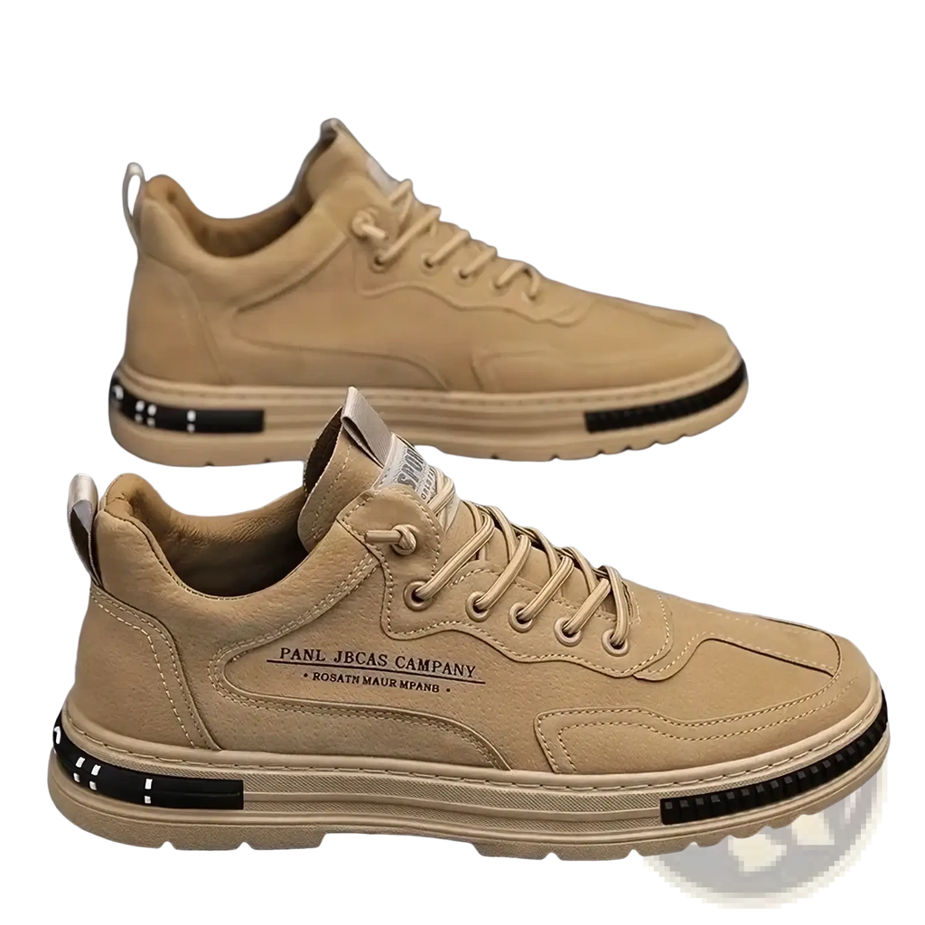 Men casual sneakers breathable platform shoes in tan suede with black rubber soles and subtle side logo
