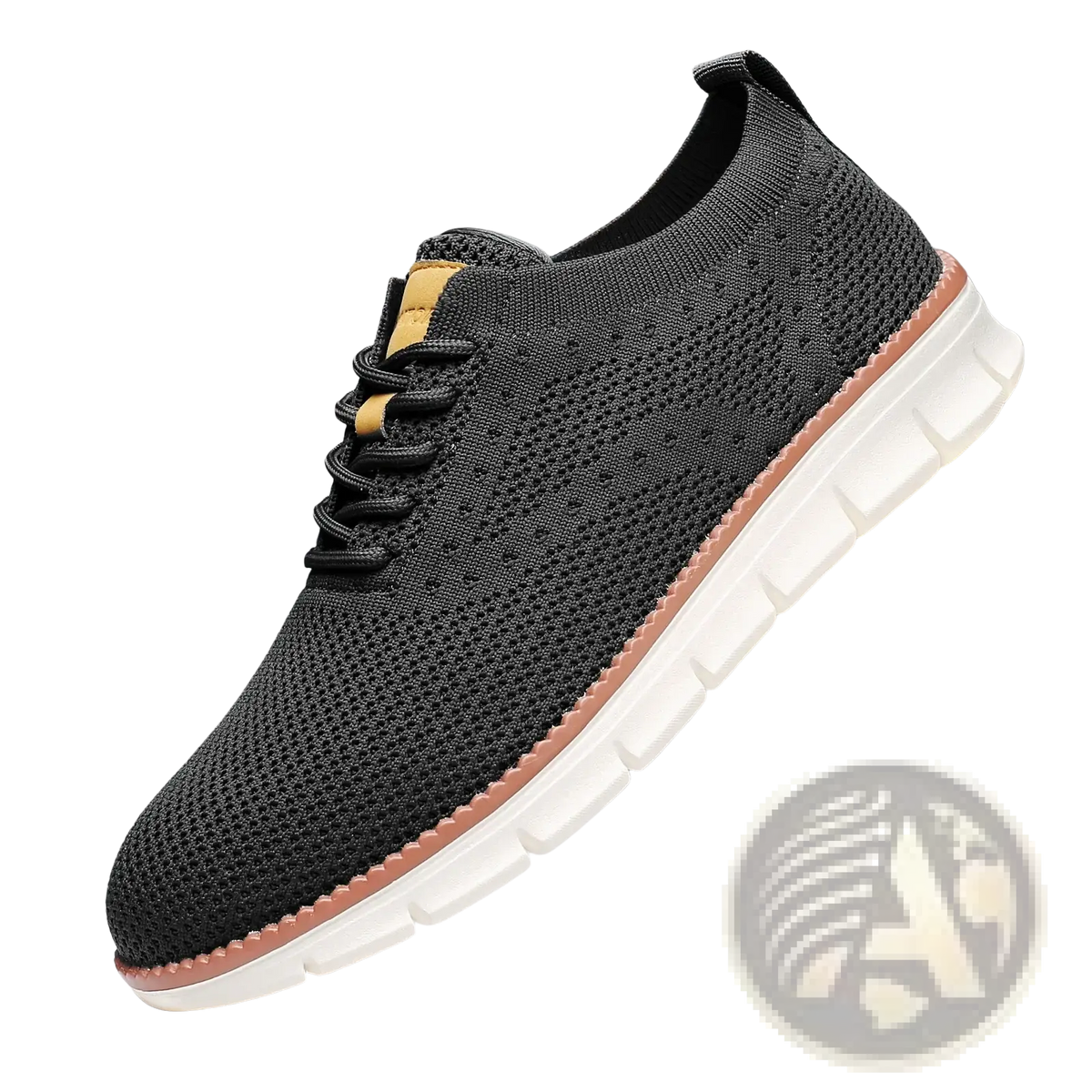 Men casual black knit sneakers with white sole and tan accents breathable walking shoes for everyday use