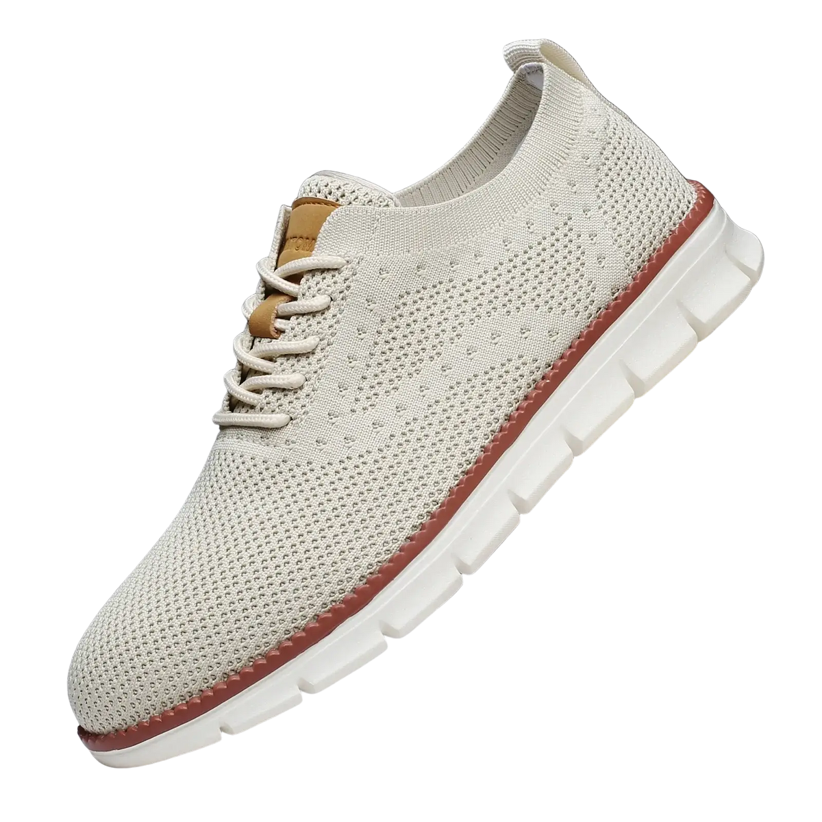 Beige knit men casual sneaker with white rubber sole and tan leather accents breathable for walking shoes black white