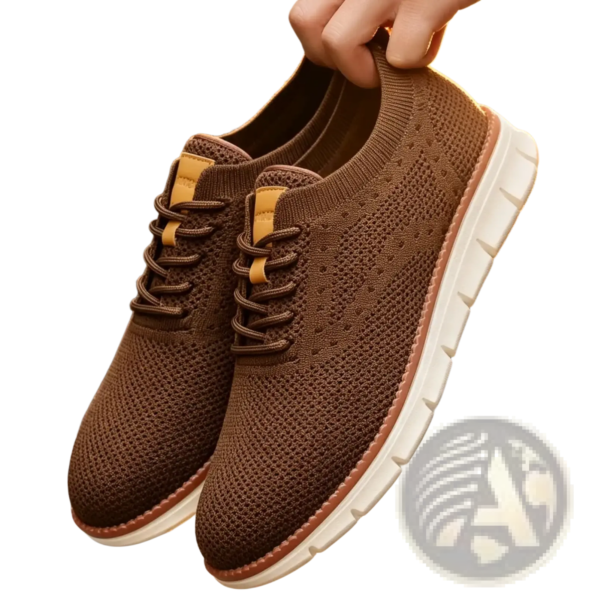Men casual breathable walking sneakers in brown knit with tan laces and white rubber sole for everyday use