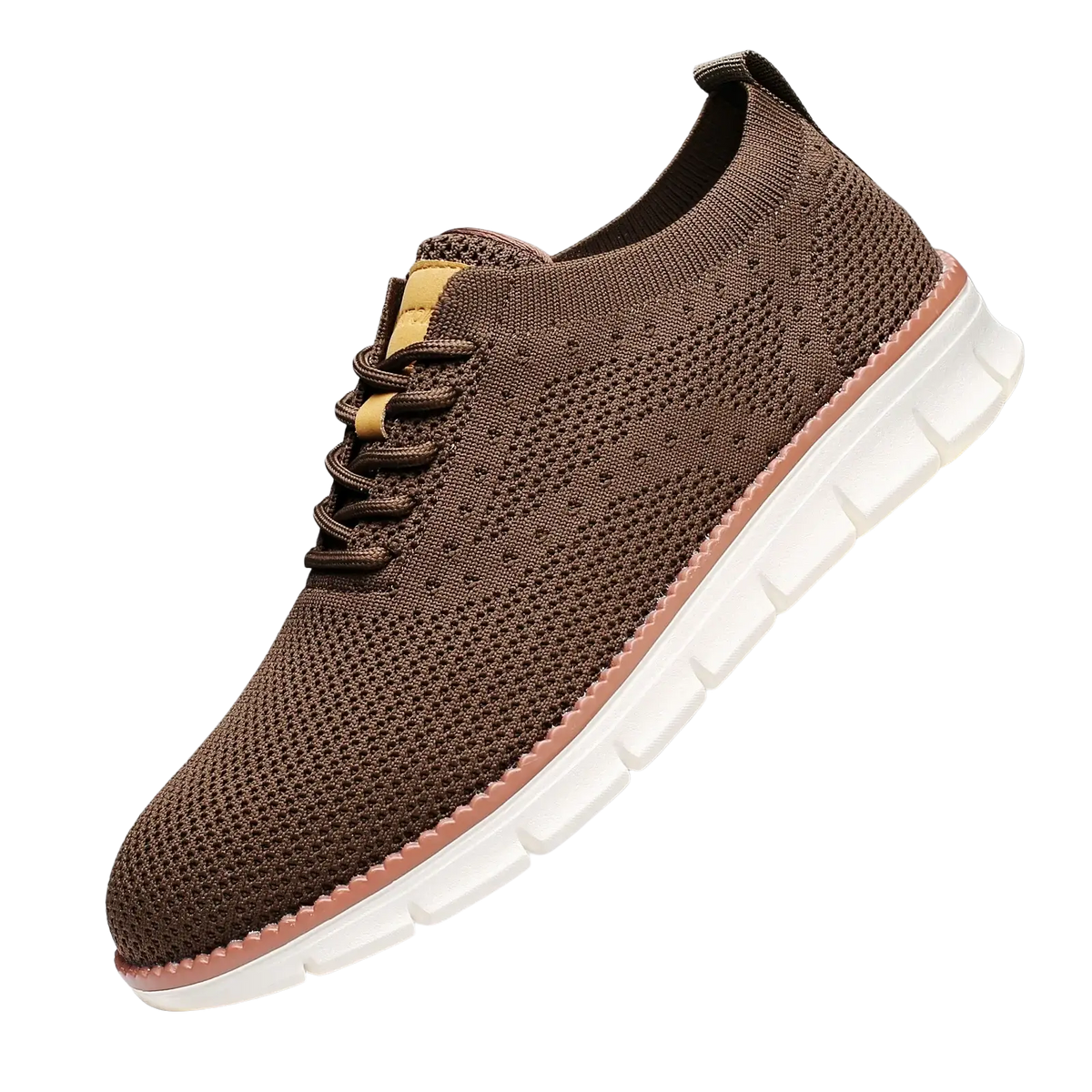 Brown knit men casual sneaker with breathable walking shoe design white rubber sole and tan lace eyelets
