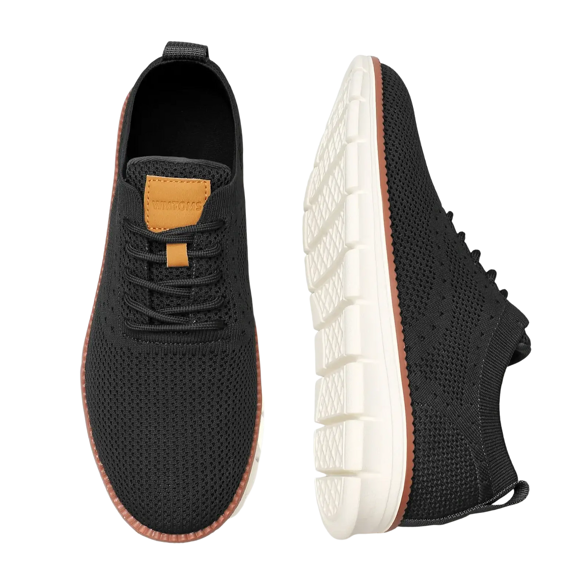 Men casual breathable walking sneakers in black knit with tan leather accents and a white rubber sole