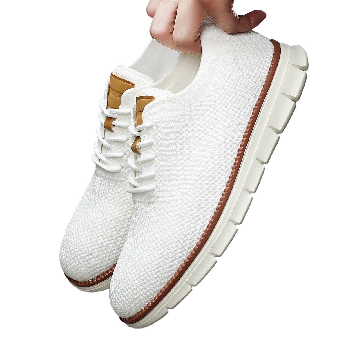 Men casual breathable walking sneakers with white knit upper tan leather accents and textured sole