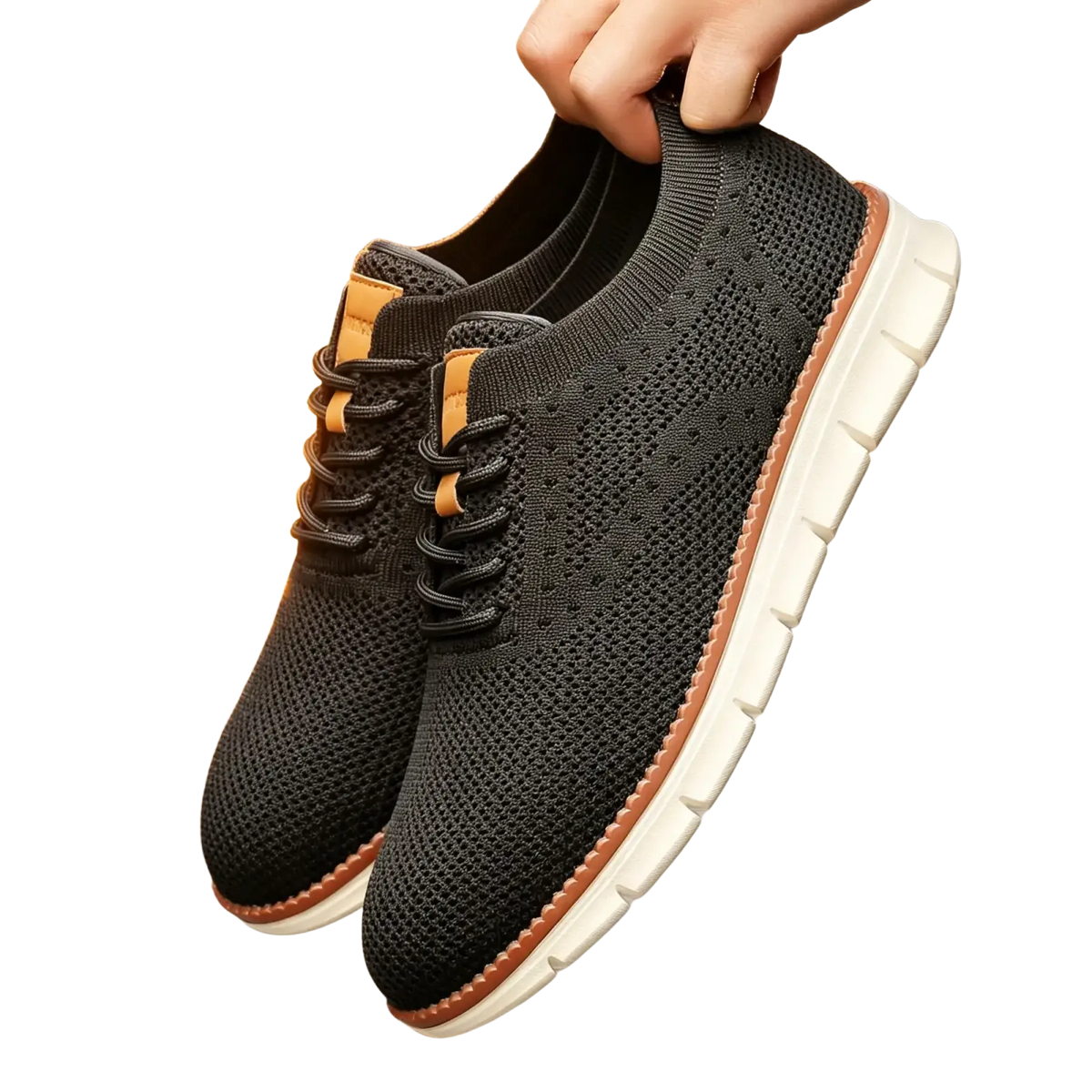 Men casual knit sneakers in black with breathable tan accents and white rubber sole for walking shoes