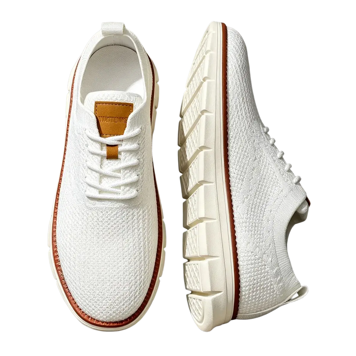 White knit men casual sneakers with tan leather accents and breathable textured rubber sole for walking shoes