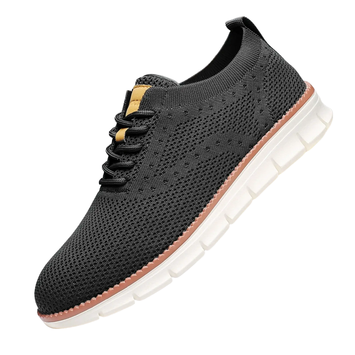 Men casual black knit sneakers with white sole and tan accents breathable walking shoes for everyday use