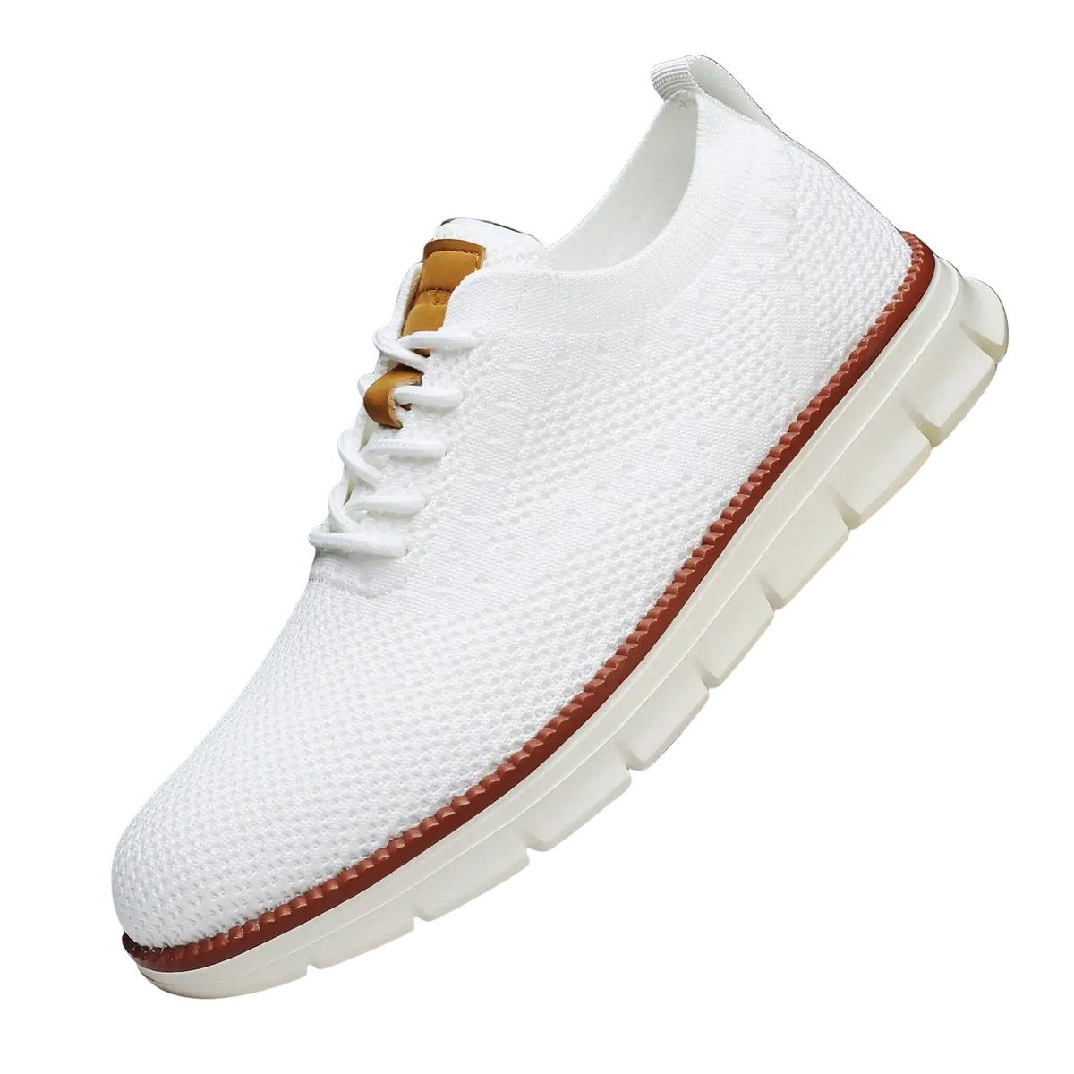 Men casual breathable walking sneaker in white knit with tan leather accents and cream rubber sole