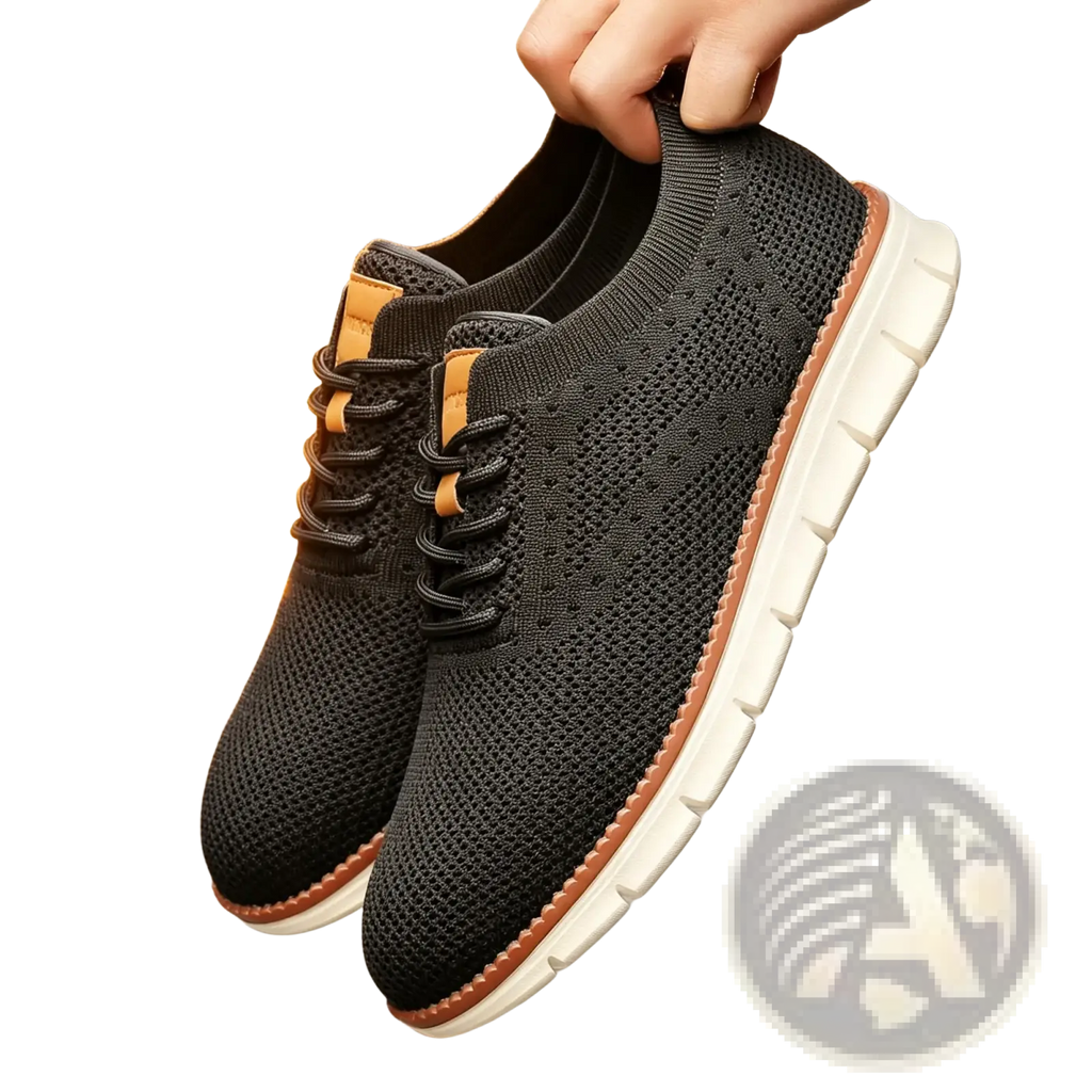 Men casual knit sneakers in black with breathable tan accents and white rubber sole for walking shoes