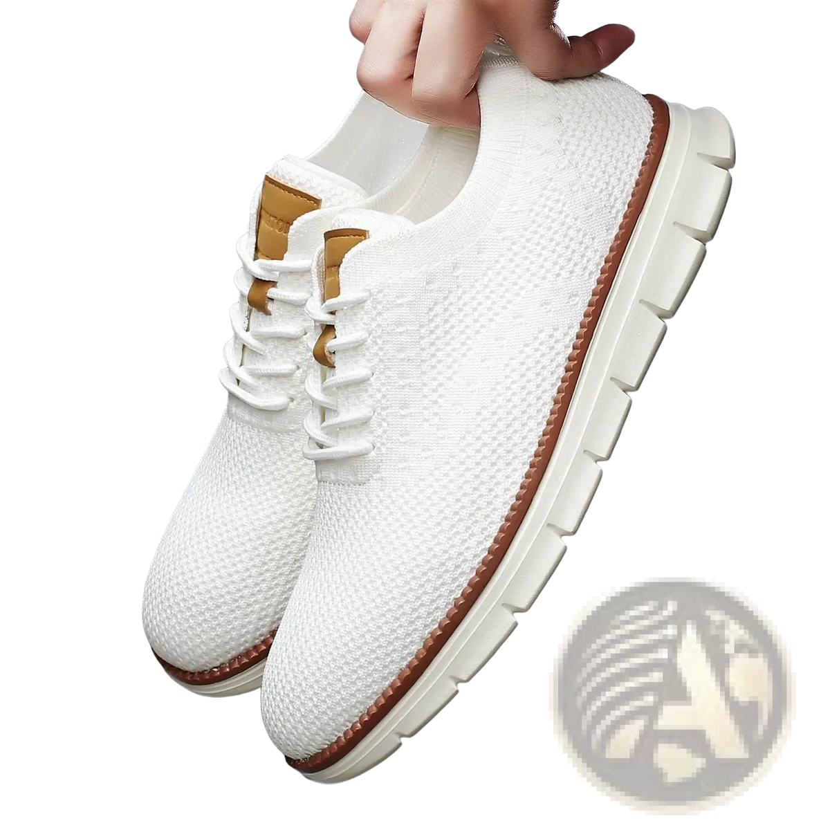 Men casual breathable walking sneakers with white knit upper tan leather accents and textured sole