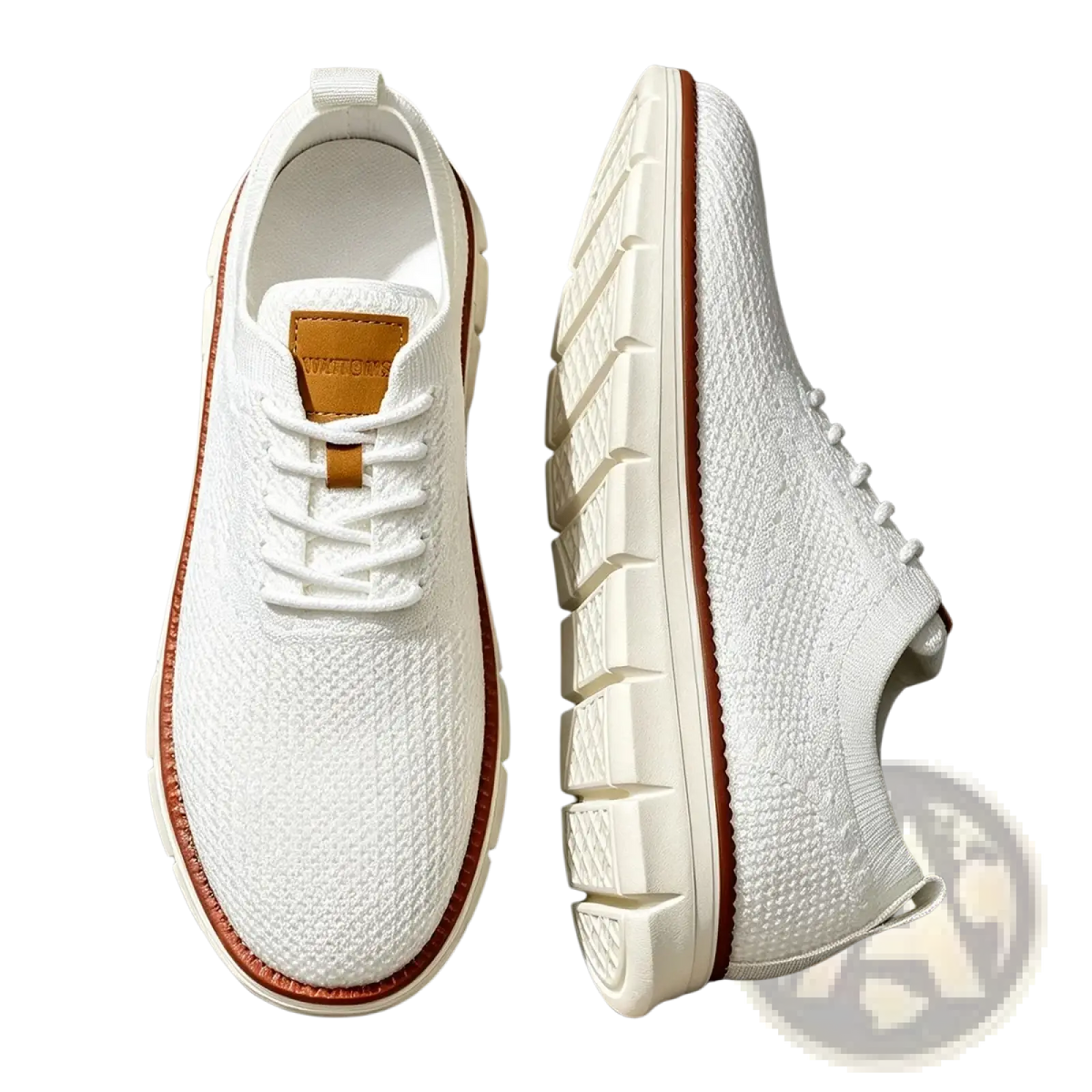 White knit men casual sneakers with tan leather accents and breathable textured rubber sole for walking shoes