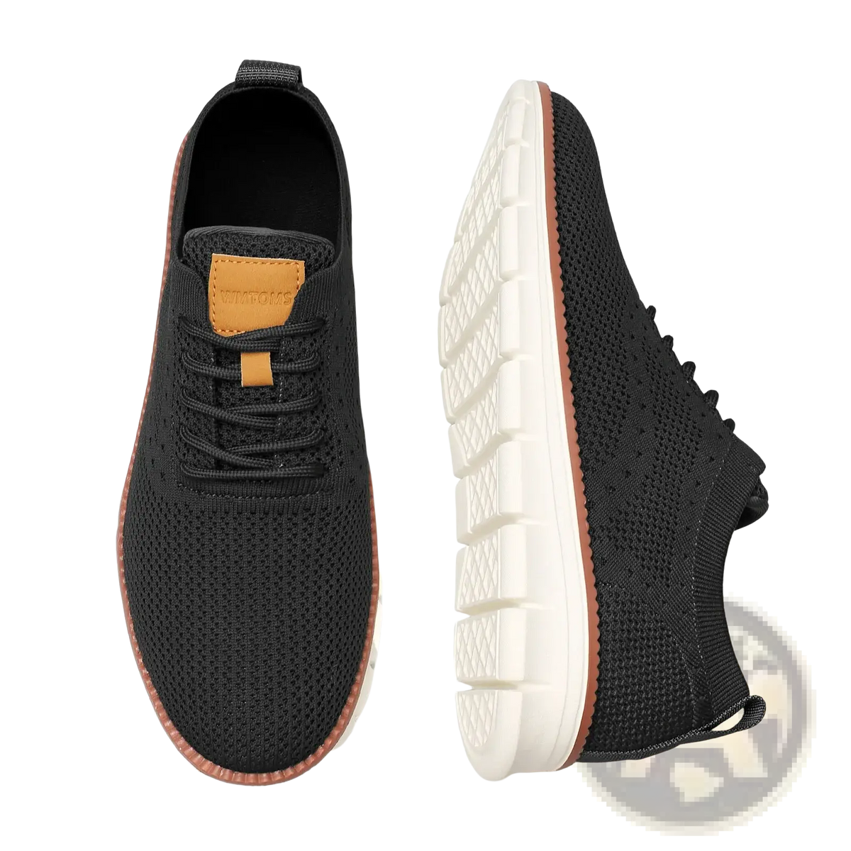 Men casual breathable walking sneakers in black knit with tan leather accents and a white rubber sole