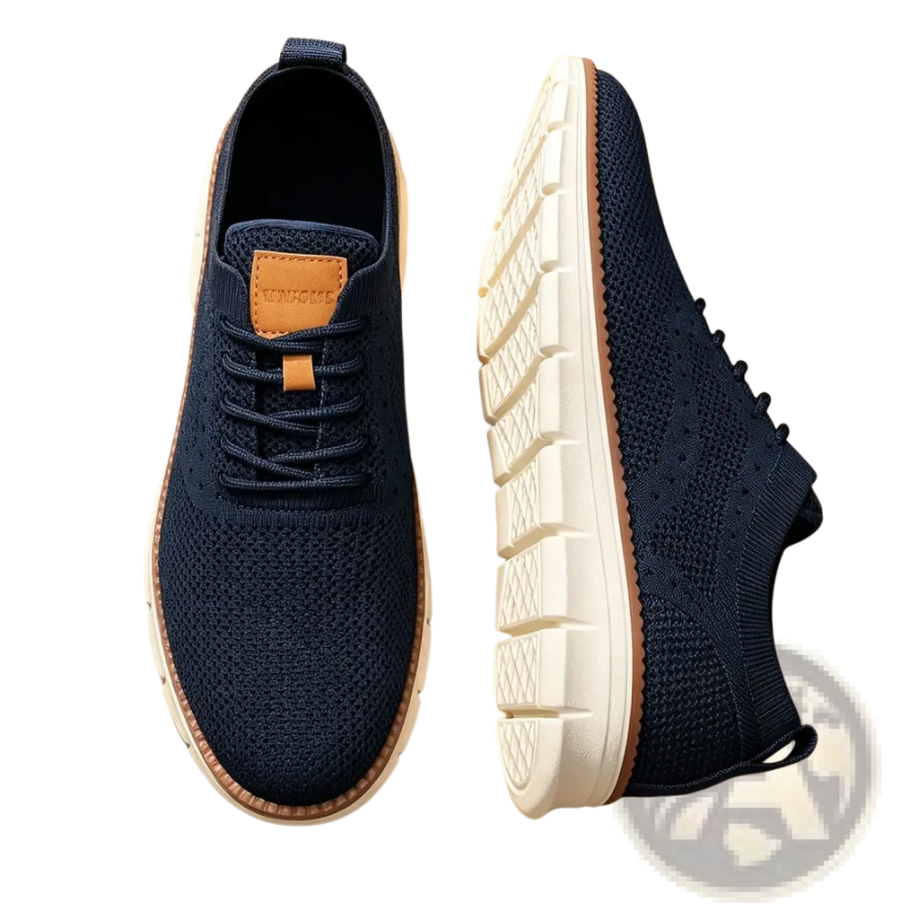 Navy blue knit men casual sneakers with tan leather accents and white rubber sole breathable walking shoes