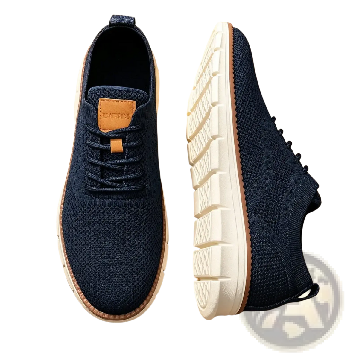 Navy blue knit men casual sneakers with tan leather accents and white rubber sole breathable walking shoes