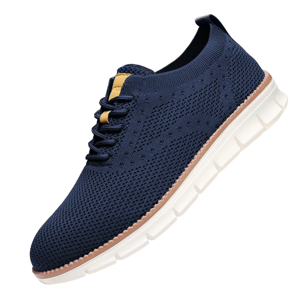 Navy blue knit men casual sneakers with white and tan accents breathable walking shoes for everyday wear