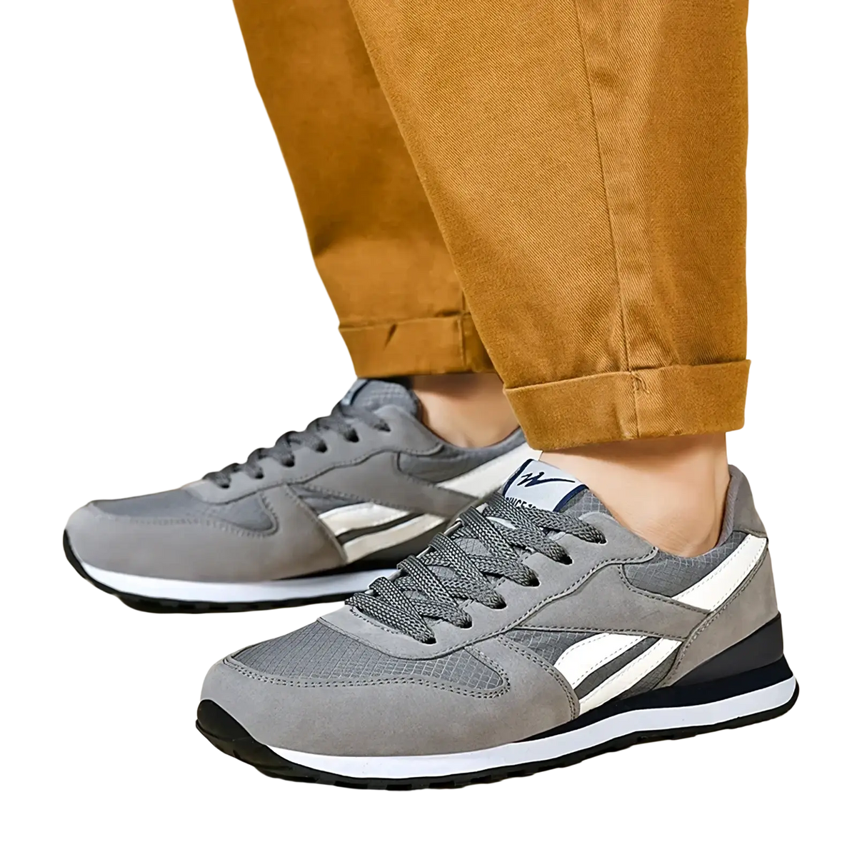 Men casual sneakers gray white walking shoes with suede upper mesh panels and black rubber soles for athletic use