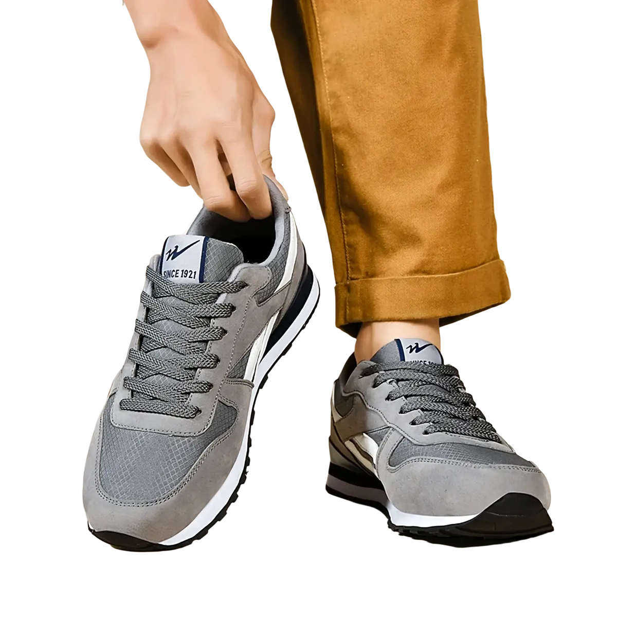 Men casual sneakers gray white walking shoes with suede and mesh upper and black accents on sole and heel