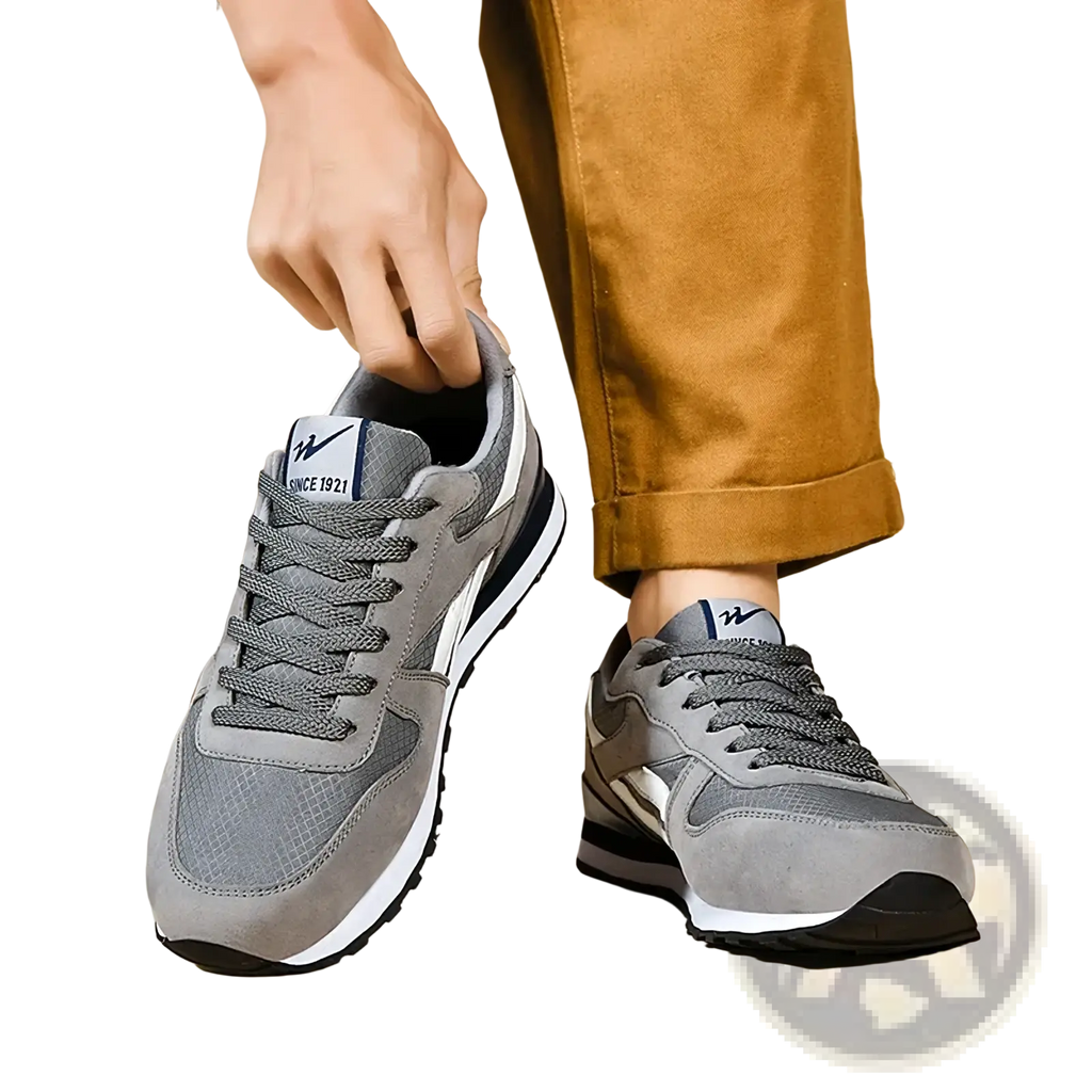 Men casual sneakers gray white walking shoes with suede and mesh upper and black accents on sole and heel