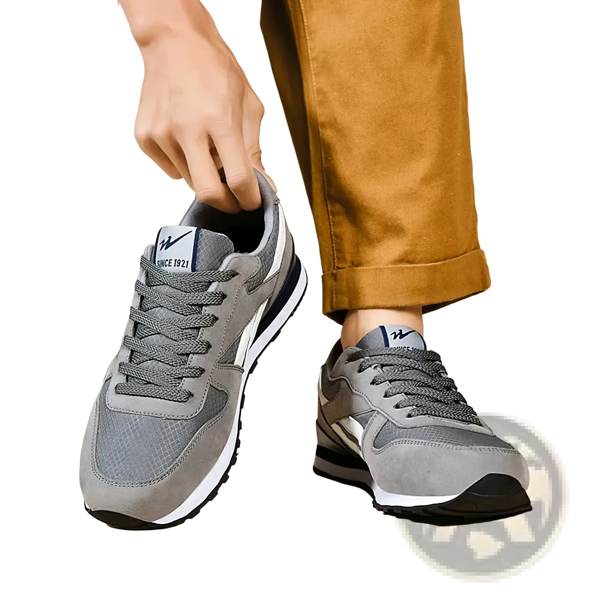 Men casual sneakers gray white walking shoes with suede and mesh upper and black accents on sole and heel