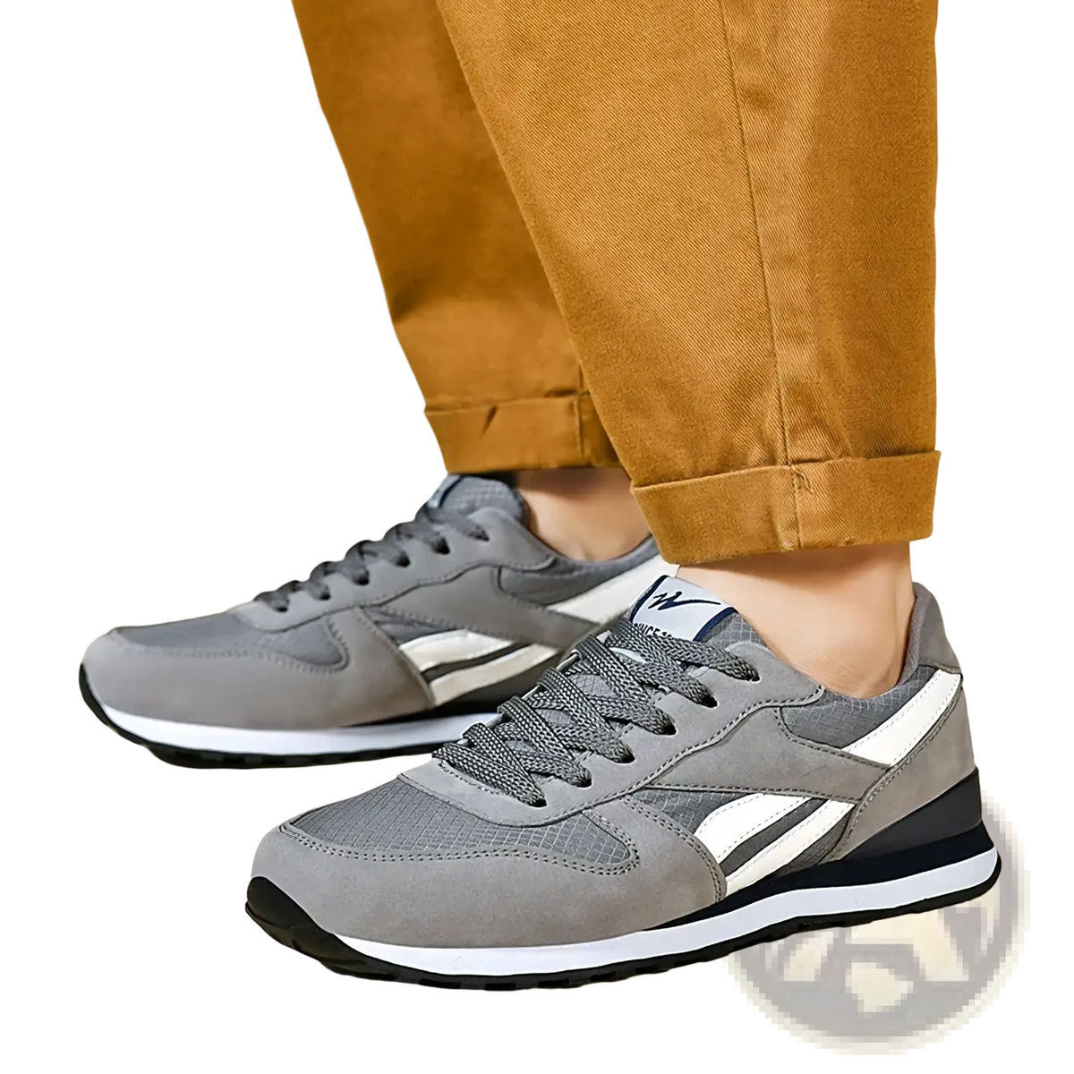 Men casual sneakers gray white walking shoes with suede upper mesh panels and black rubber soles for athletic use