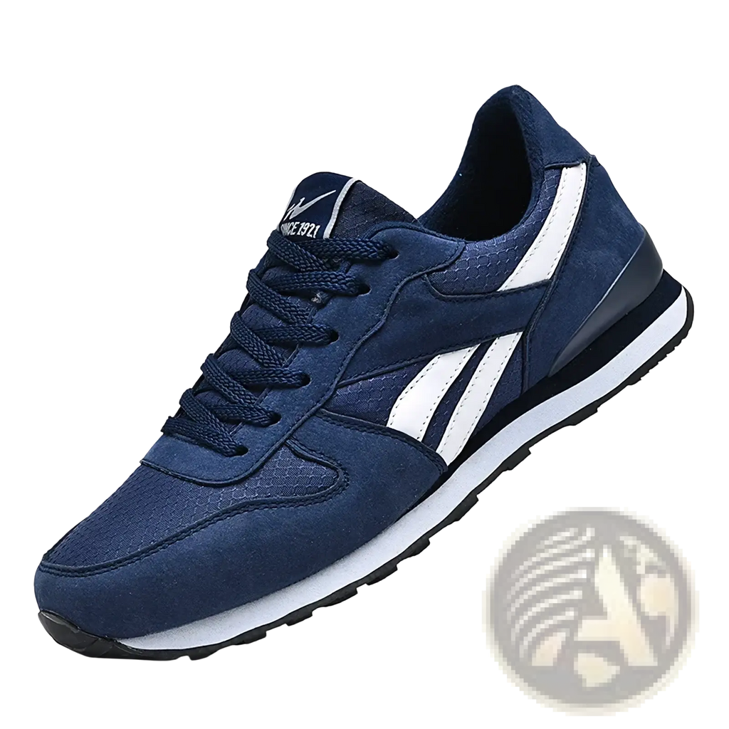 Men casual sneakers navy blue suede and mesh athletic shoe with white stripes and black rubber sole for walking