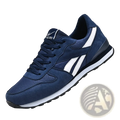 Men casual sneakers navy blue suede and mesh athletic shoe with white stripes and black rubber sole for walking