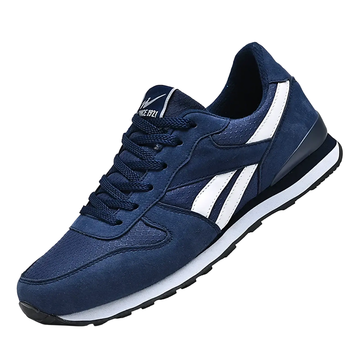 Men casual sneakers navy blue suede and mesh athletic shoe with white stripes and black rubber sole for walking