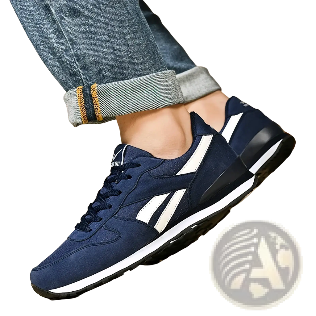 Men casual navy blue suede sneakers with white stripes and black rubber soles for walking and everyday use