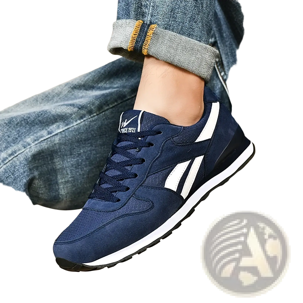 Navy blue suede and mesh men casual sneakers with white stripes and laces for gray white walking shoes use