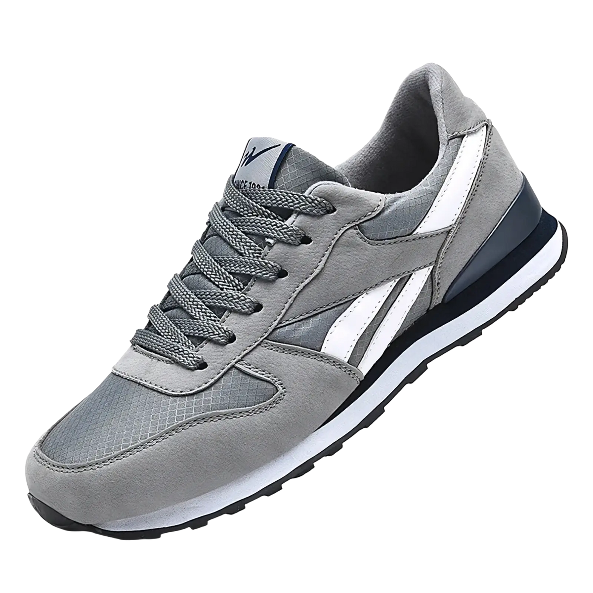 Men casual sneakers gray white walking shoes with gray suede and mesh upper and navy accents for athletic use