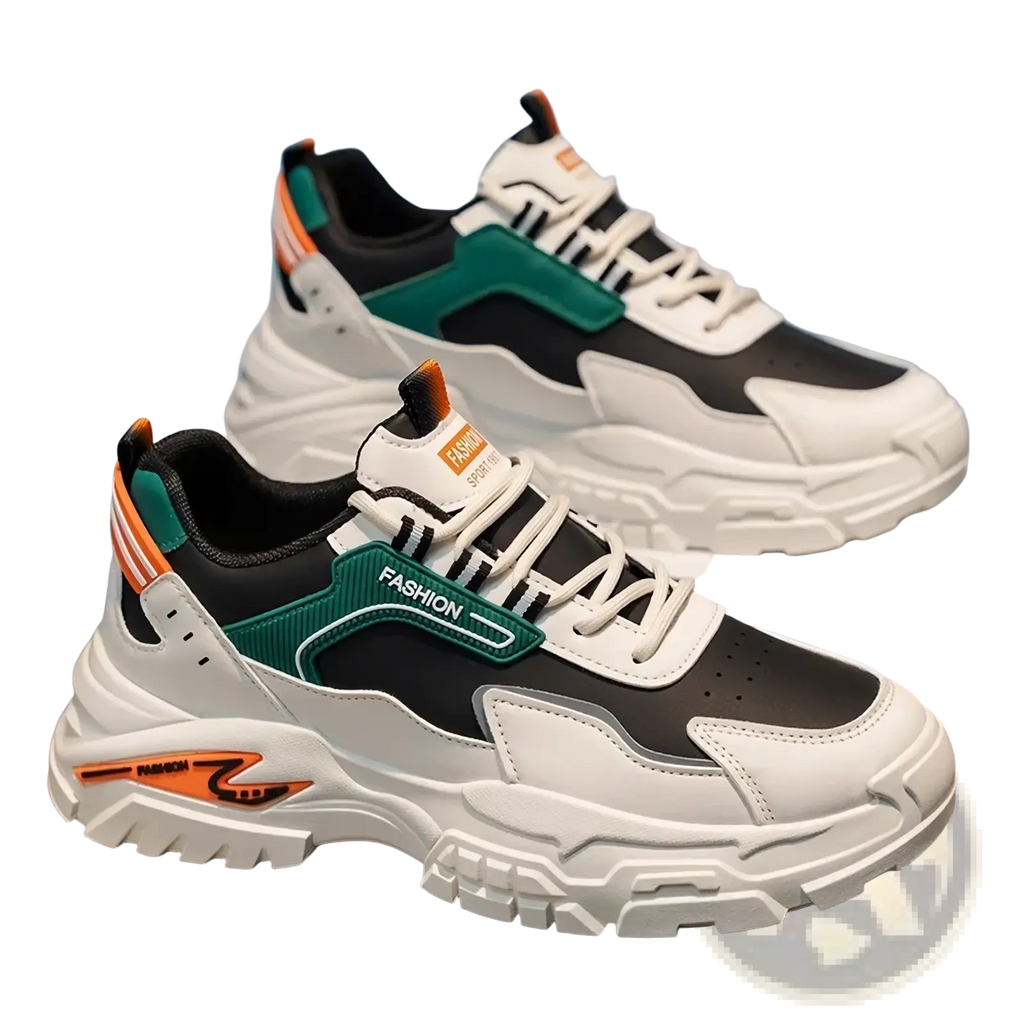 Men casual chunky sneakers in white black and teal with orange accents lightweight breathable design and fashion branding