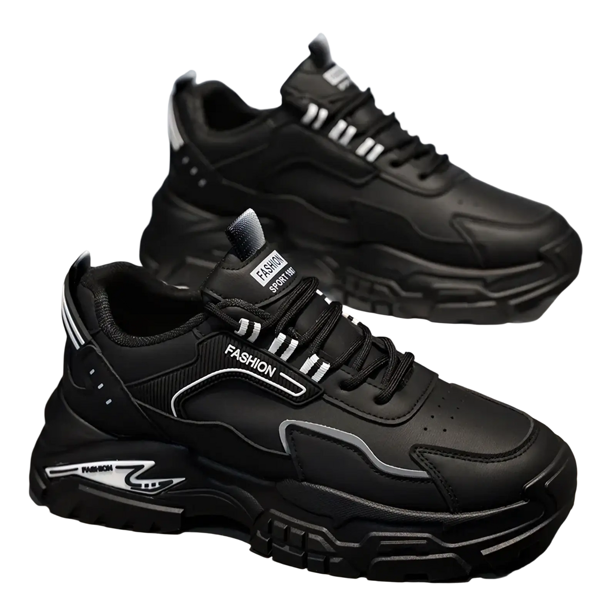 Men casual black chunky sneakers with white accents featuring a lightweight breathable design and thick textured sole
