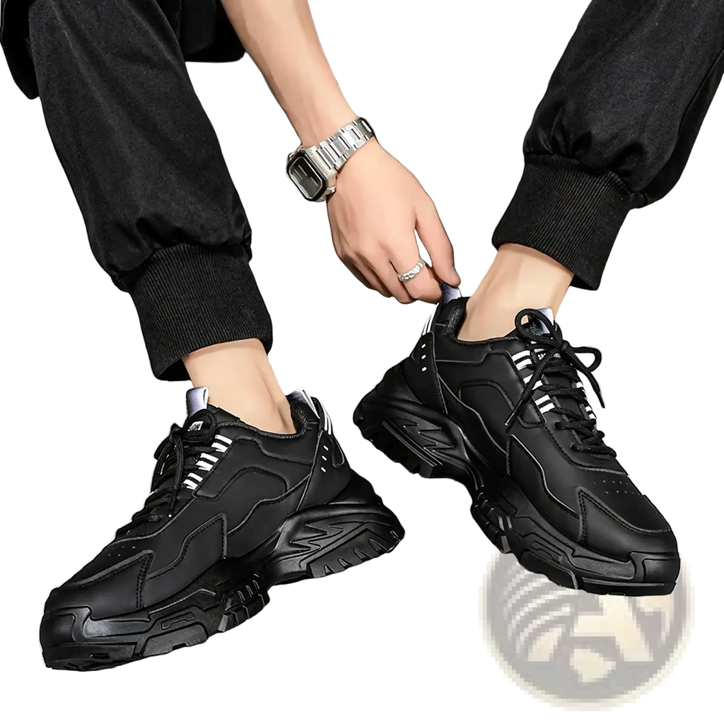 Black men casual chunky sneakers with bold white stripes and a rugged textured sole, lightweight and breathable