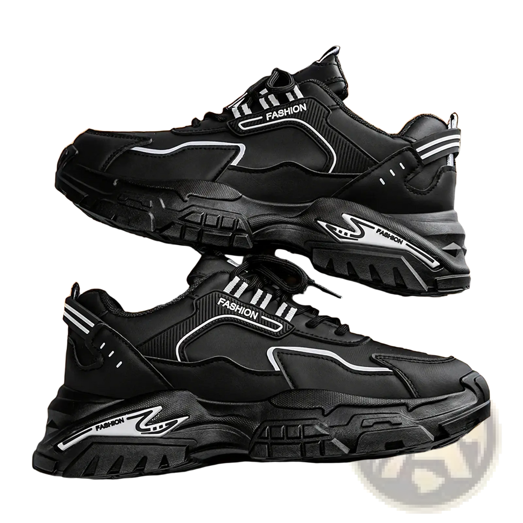 Black and white men casual sneakers lightweight breathable chunky shoes with bold futuristic fashion branding on the side