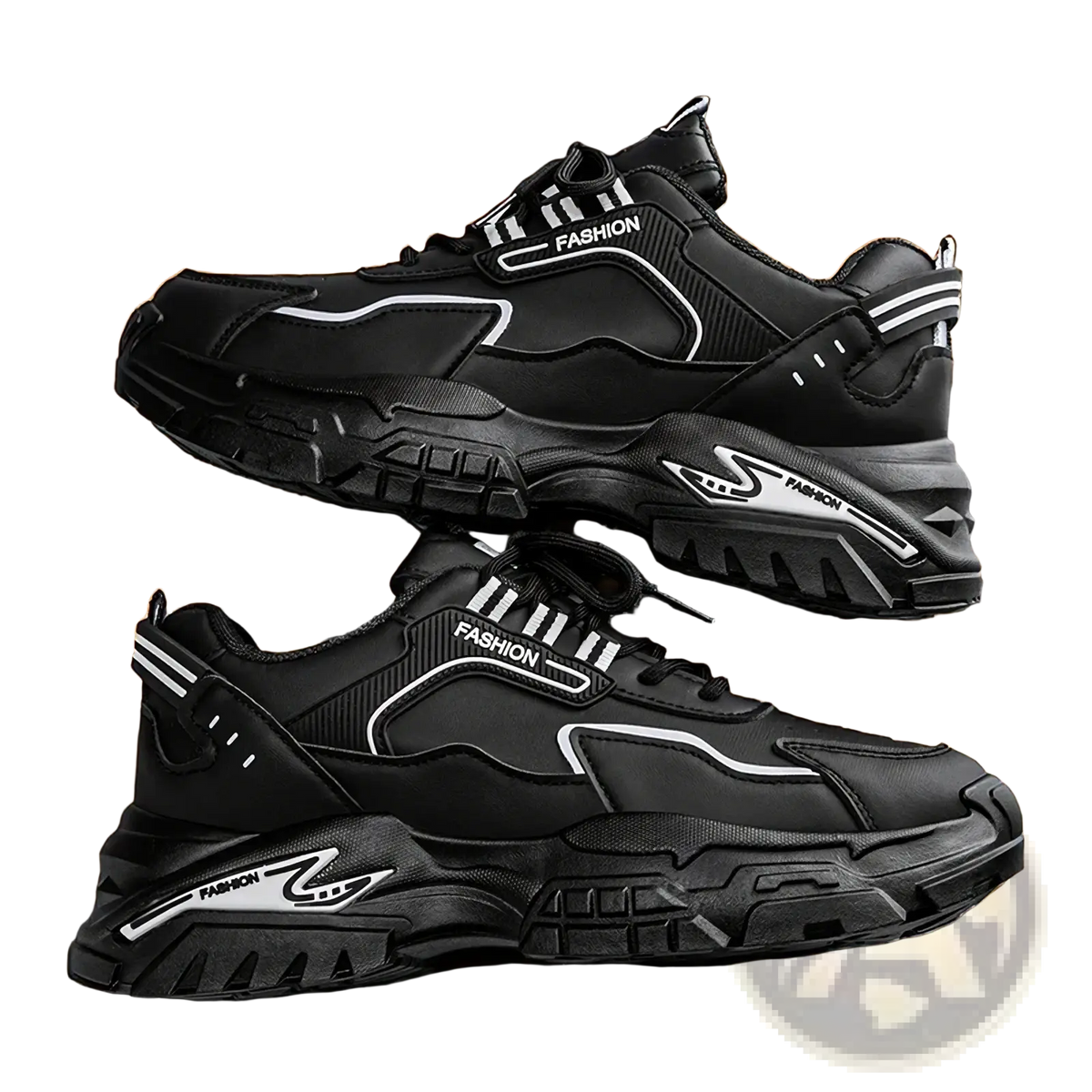Black and white men casual sneakers lightweight breathable chunky shoes with bold futuristic fashion branding on the side