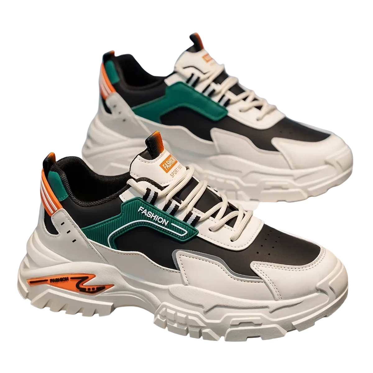 Men casual chunky sneakers in white black and teal with orange accents lightweight breathable design and fashion branding