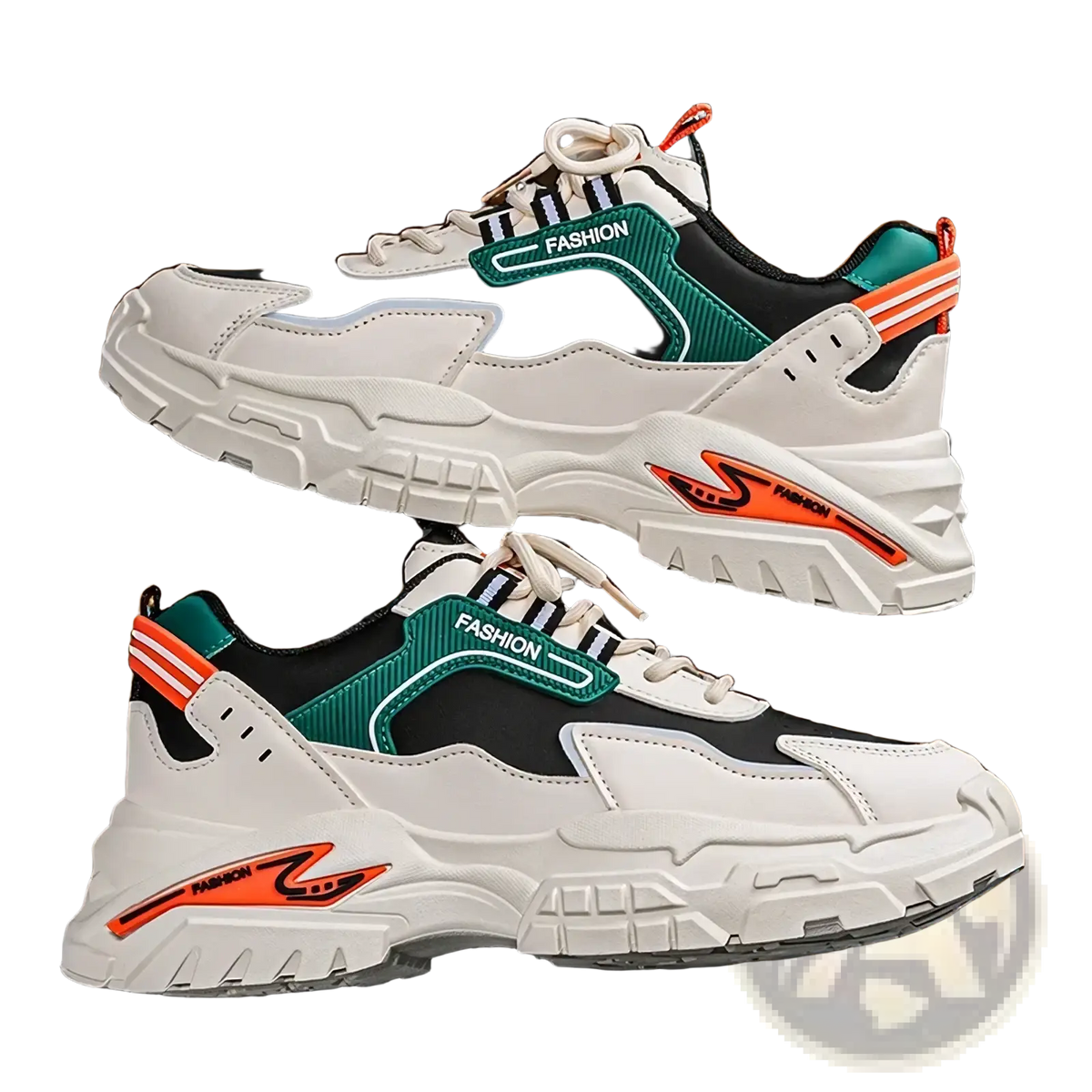 Men casual chunky sneakers lightweight breathable with white black green and orange accents fashion branding side view