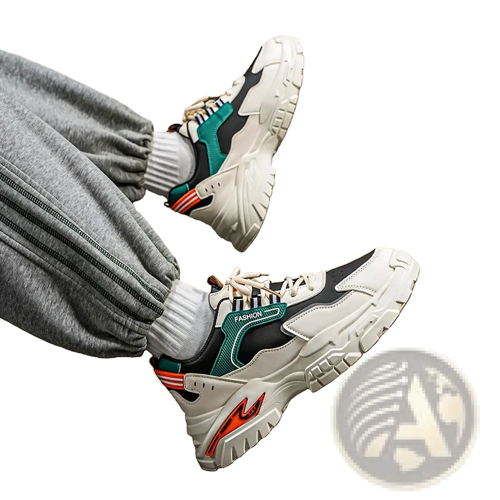 Men casual chunky sneakers in white black and teal with orange heel accents lightweight breathable design